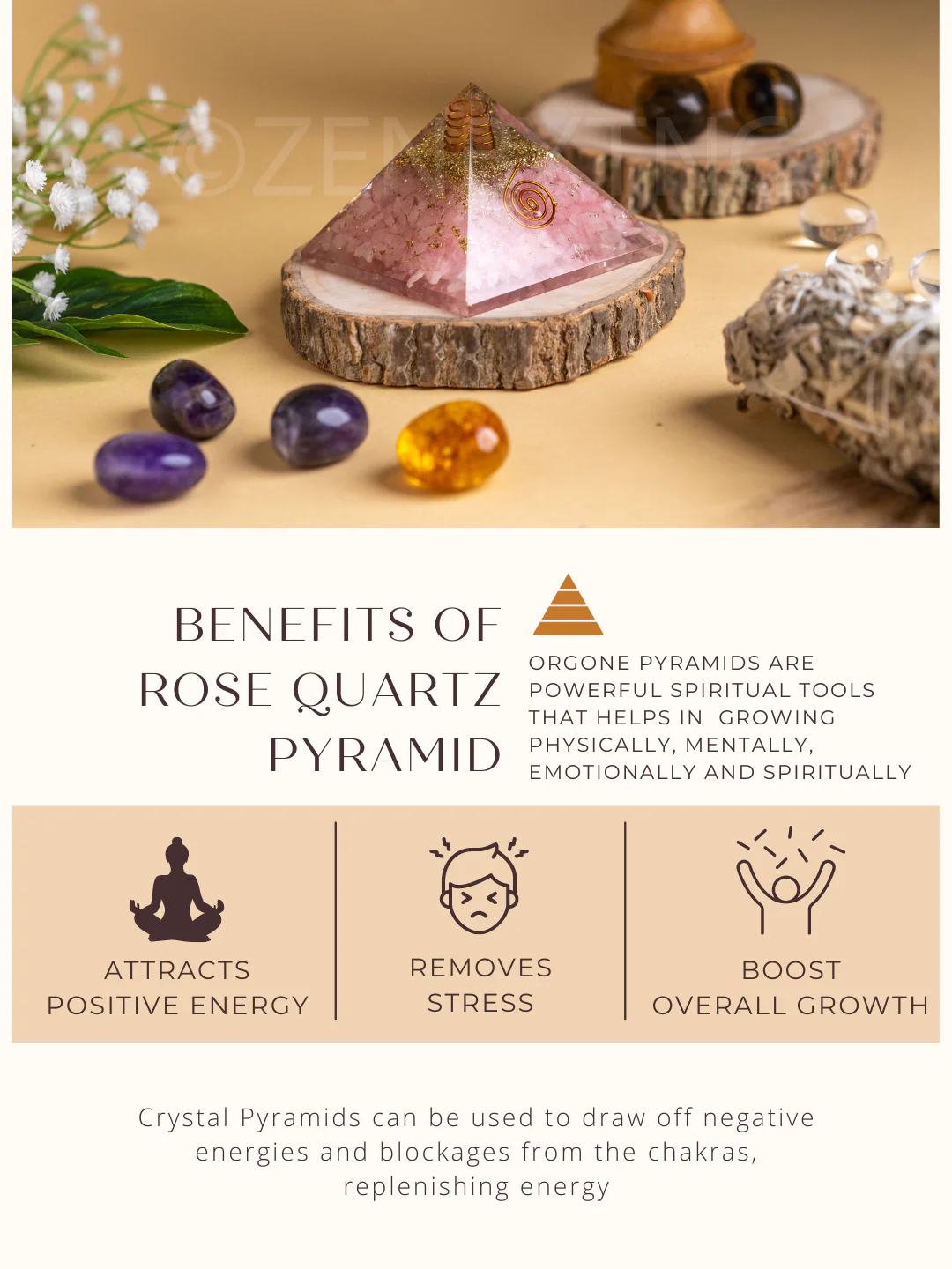 Zen Rose Quartz Orgonite Pyramid For Love, Trust & Harmony in Relationship - Image 3