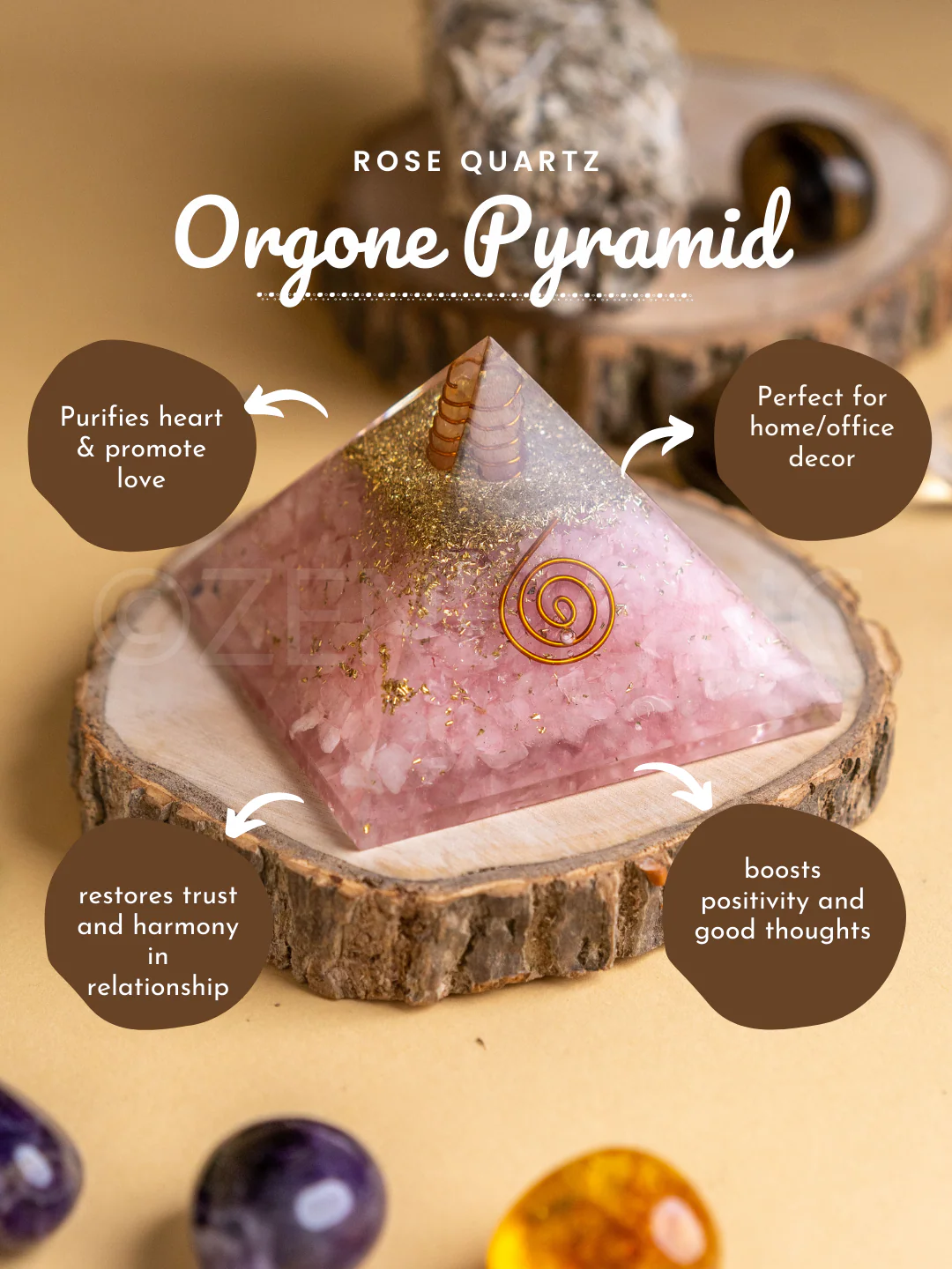 Zen Rose Quartz Orgonite Pyramid For Love, Trust & Harmony in Relationship - Image 4