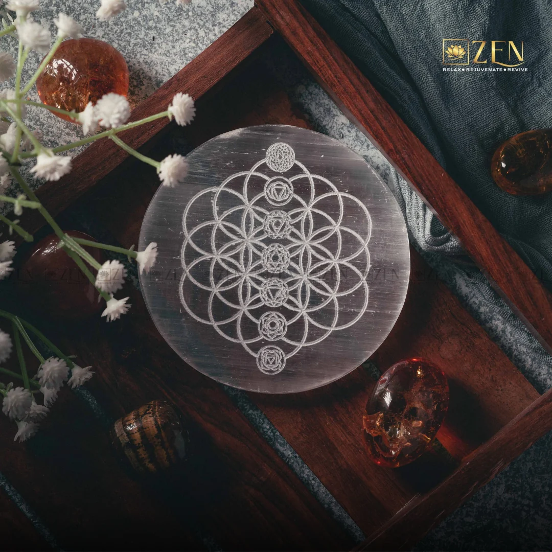 Selenite Plate - 7 Chakra On Flower Of Life Symbol - Image 3