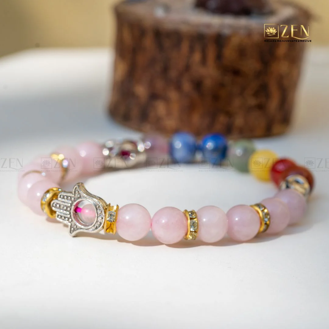 7 Chakra Healing Bracelet with Rose Quartz & Hamsa Hand - Image 5