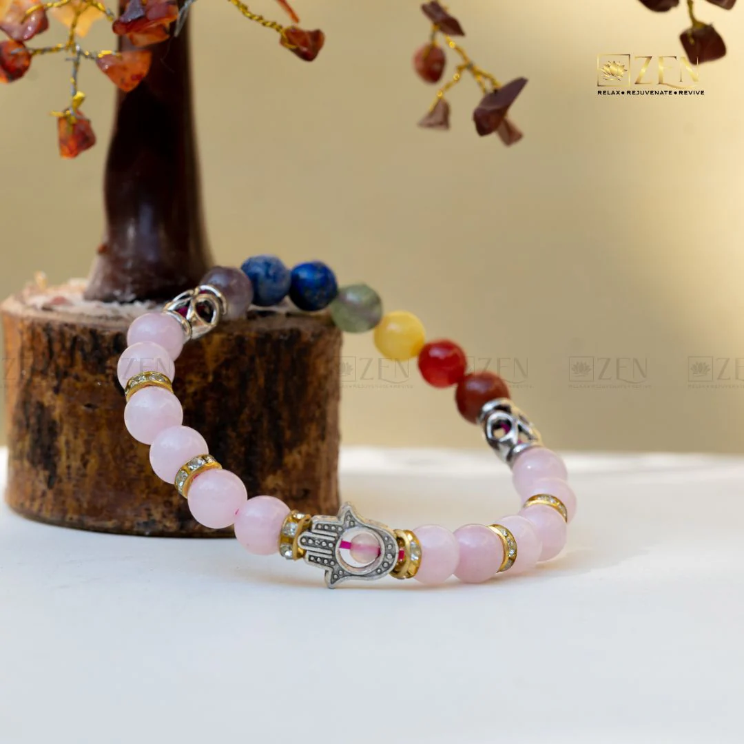 7 Chakra Healing Bracelet with Rose Quartz & Hamsa Hand - Image 6