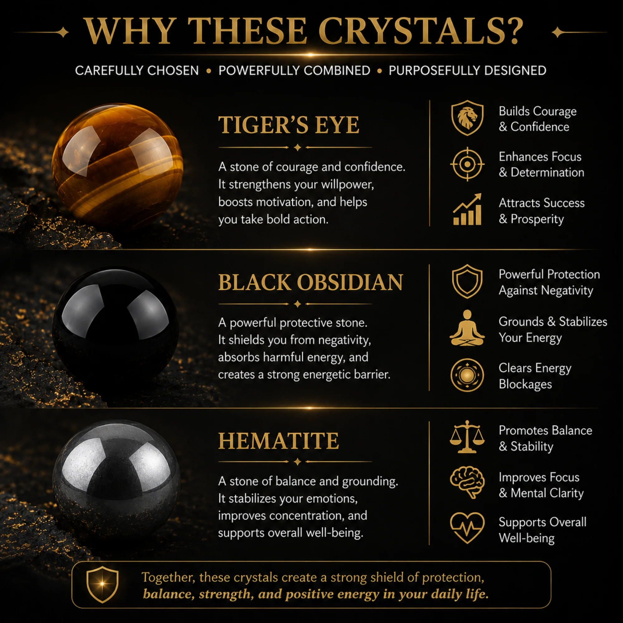 Triple Protection Crystal Bracelet | Tiger Eye, Obsidian & Hematite - Image 3