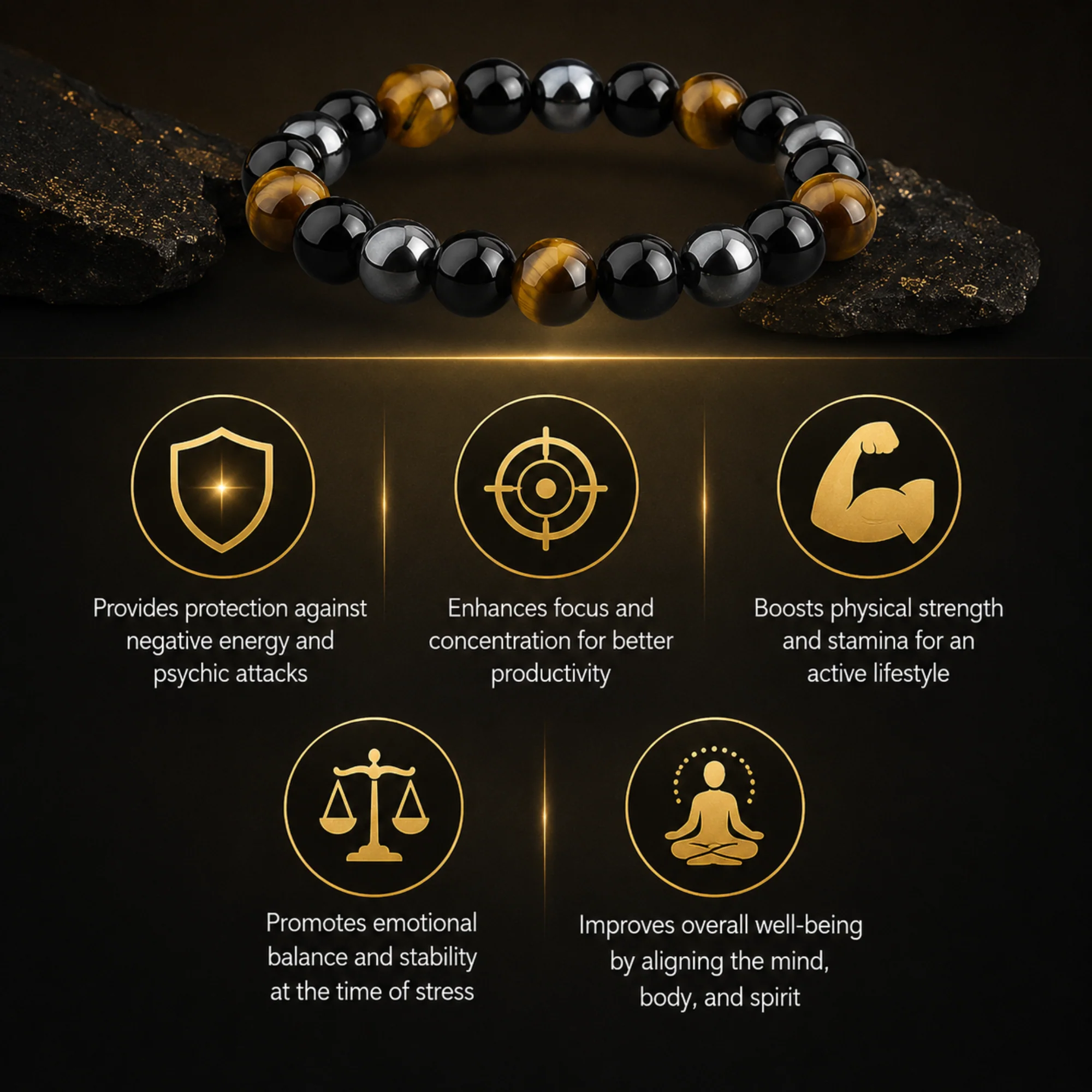 Triple Protection Crystal Bracelet | Tiger Eye, Obsidian & Hematite - Image 4